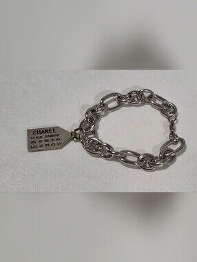 CHANEL Silver Tag Stainless Steel Chain Link Bracelet